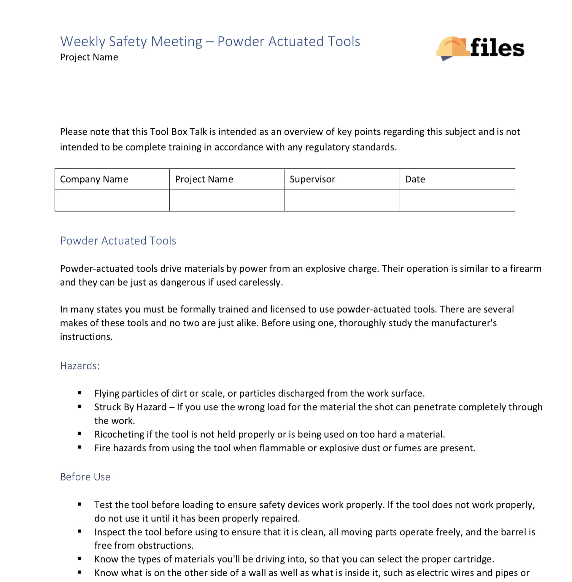 Weekly Safety Meeting - Powder Actuated Tools