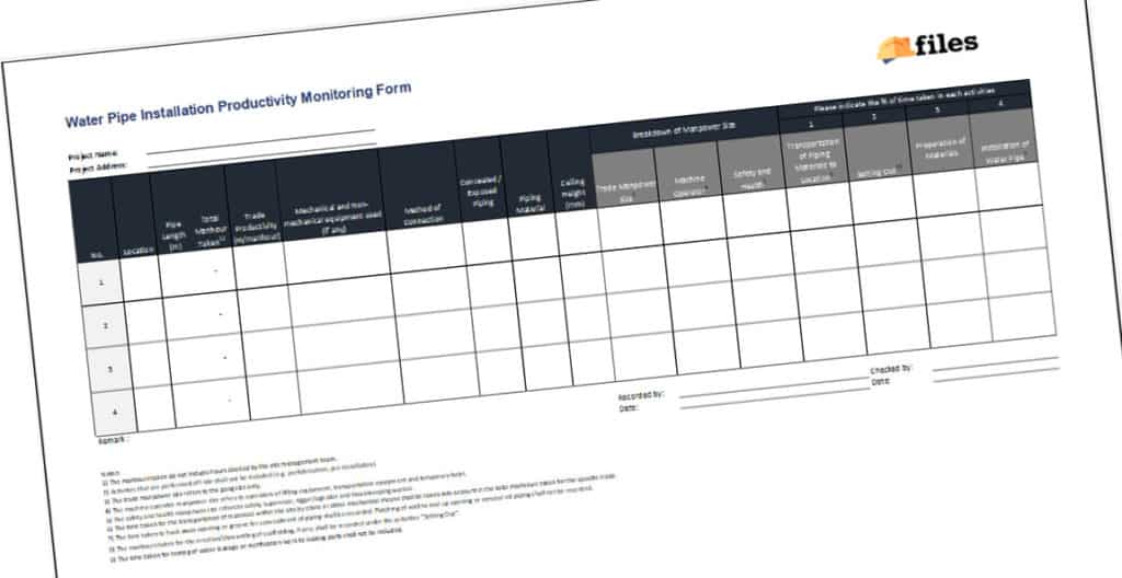 Water Pipe Installation Productivity Monitoring Form