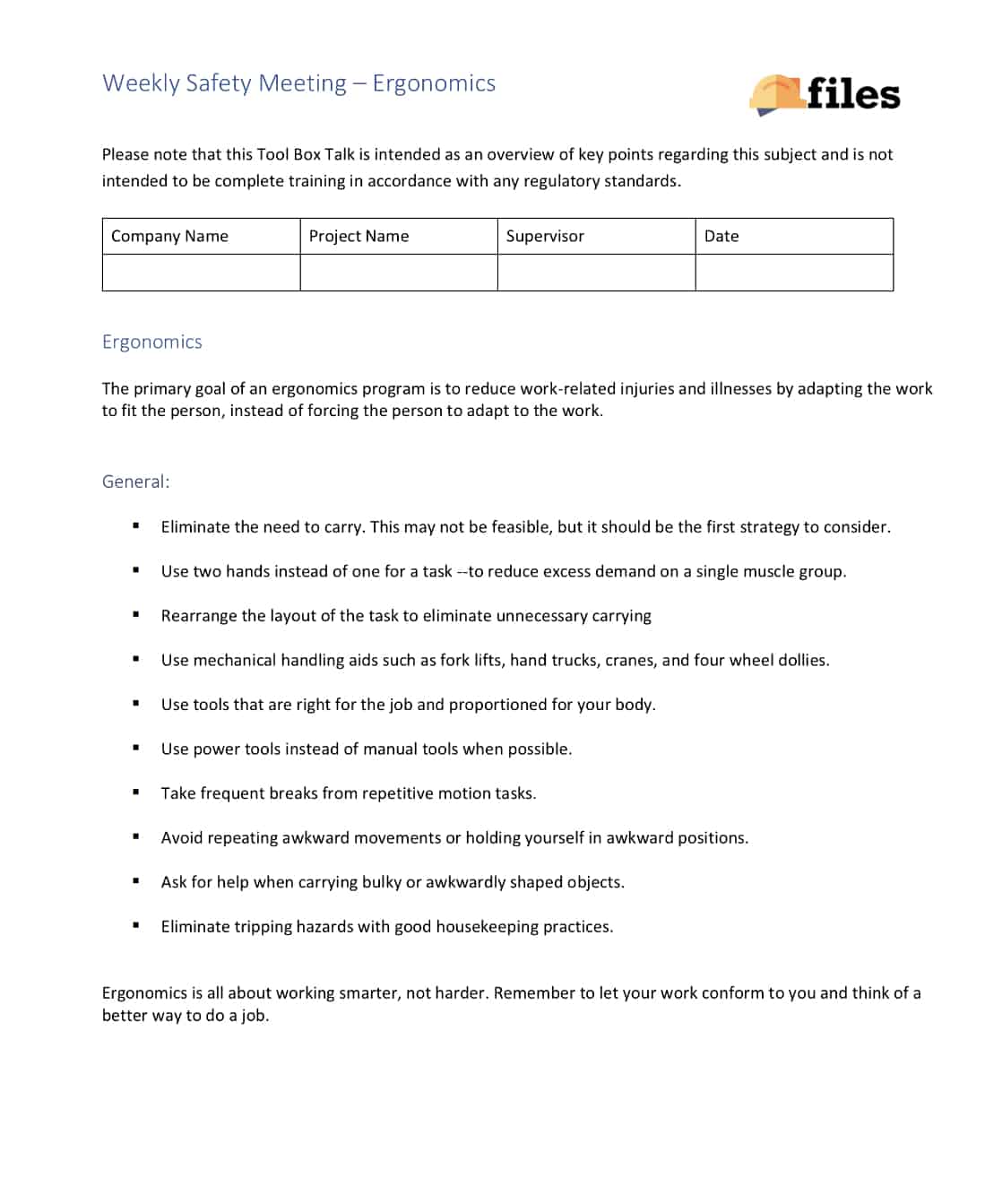 Weekly construction meeting - ergonomics