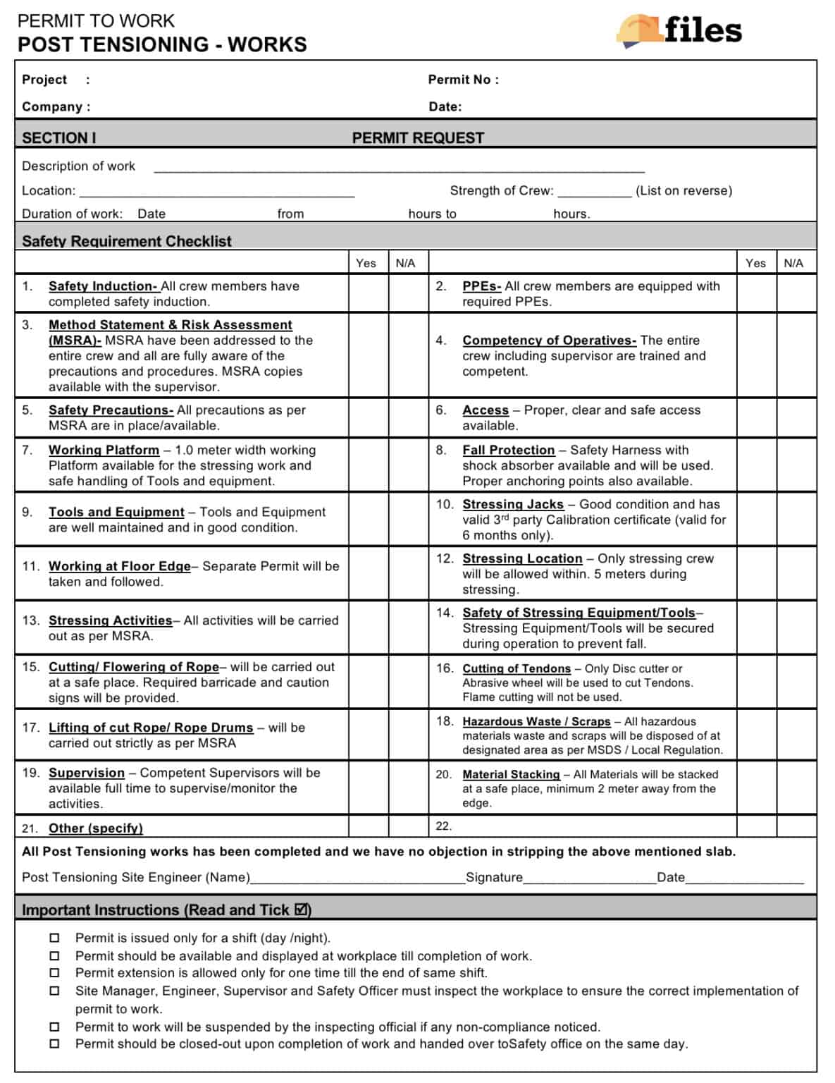 Work Permit - Post Tensioning