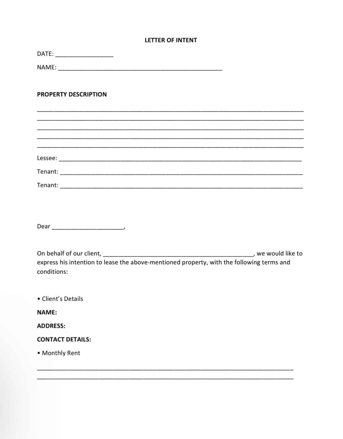 Letter of Intent - Real Estate Business