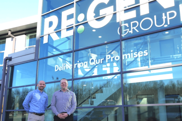 Lee Francis, CEO at RE:GEN(left) with former Tolent employee, Anthony Wade just appointed as MD of RE:GEN Solutions in front of the new head office in Sunderland