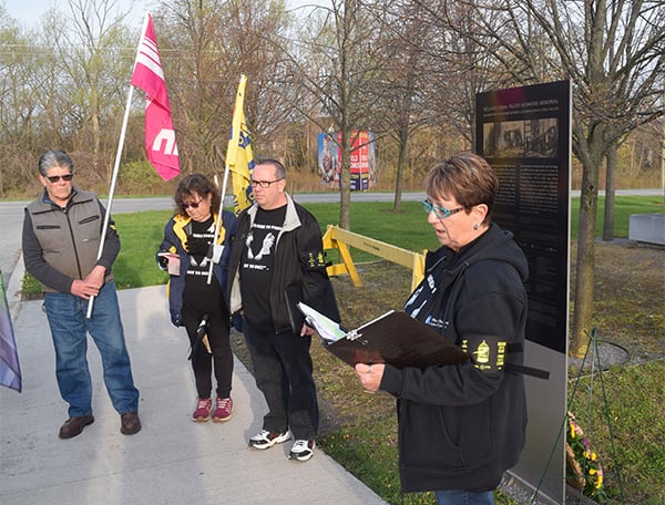 “The call to mourn the dead and fight for the living could not the more urgent,” said Ni-agara Region Labour Council president Lou Ann Binning (right) during her Day of Mourning address in St. Catharines, Ont. April 28.