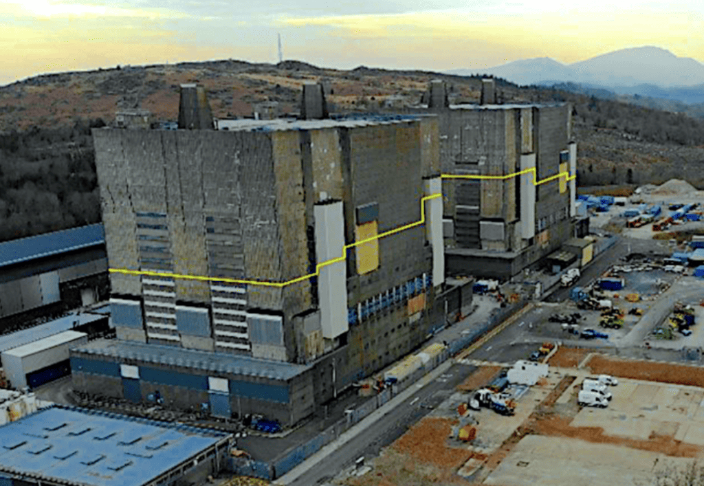 Trawsfynydd reactor buildings indicating the height reduction level.