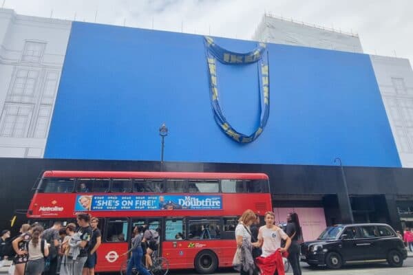 Scaffold turned into giant IKEA bag at McLaren site