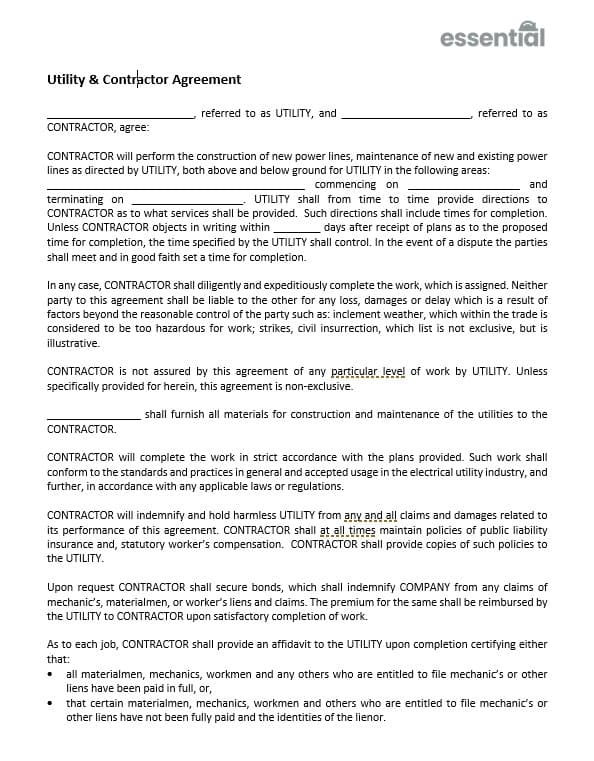 Utility Contractor Agreement - Utility Agreement Template